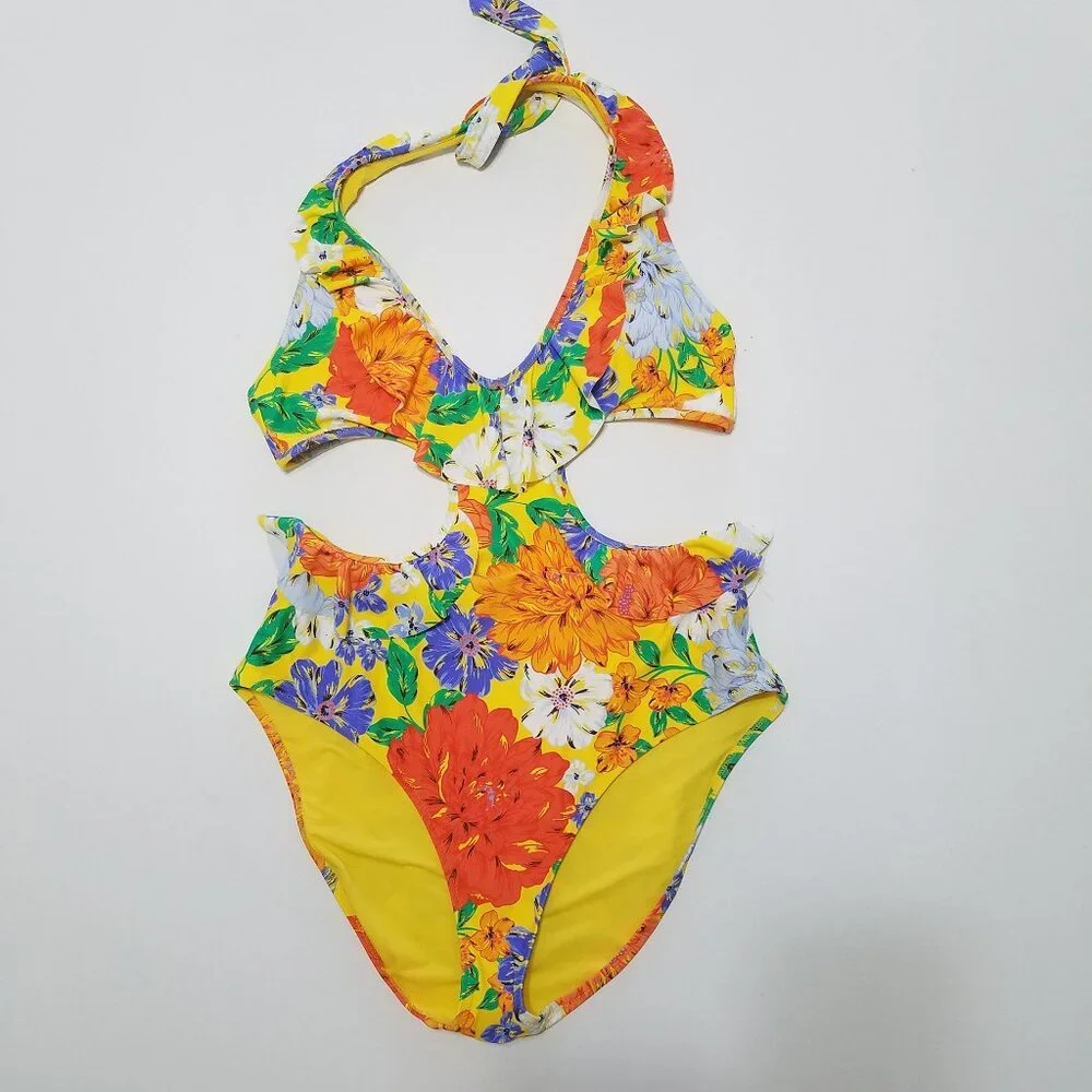 NWOT Aerie Floral Ruffle Halter Cut Out One Piece Swimsuit Size L - Picture 4 of 11
